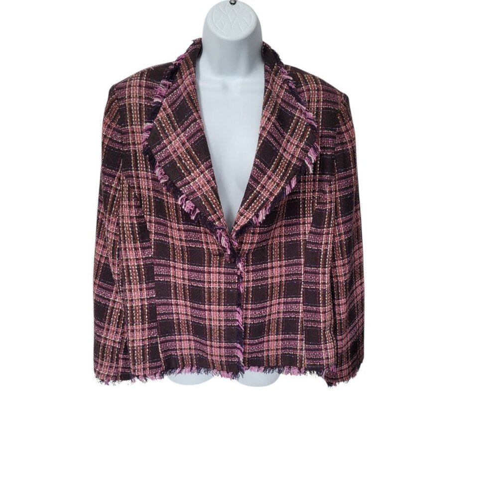 Womens Tweed Blazer Jacket 12 Plaid Fringe Hem Shawl Collar Pink Plaid Career